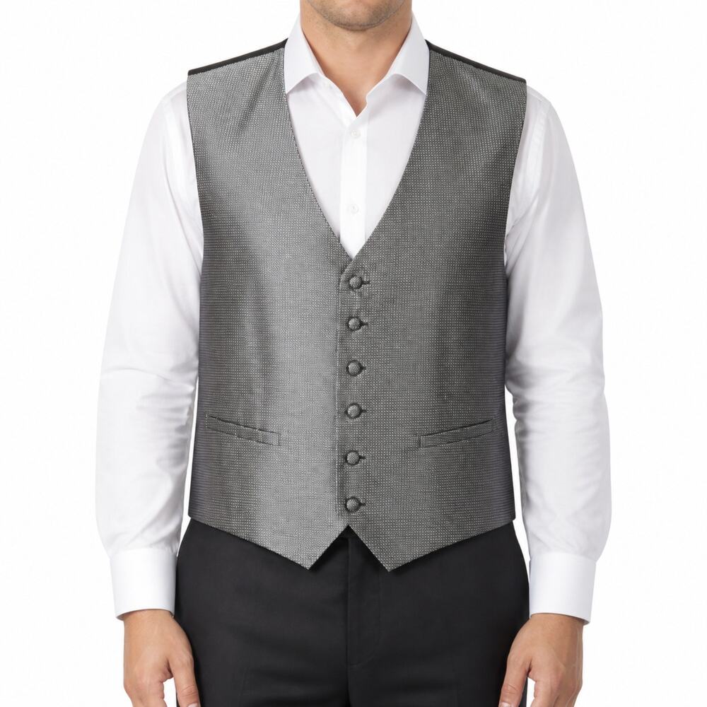 Pronto Uomo Vest Mens XL Silver Black Formal Dresswear Button Up Waistcoat